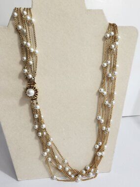 Vintage MCM 6-Strand Gold Tone & Faux Pearl Station Statement Necklace